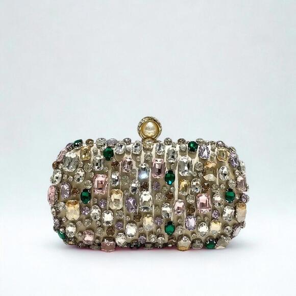 NWT Gold Multi-Color Crystal Rhinestone Evening Clutch Bag Wedding Formal Purse